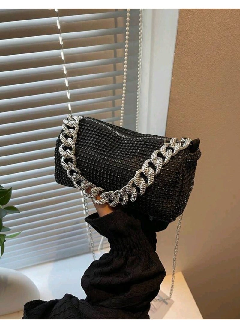 شي إن حقيبة كتف أنيقة مرصعة بسلسلة من أحجار الراين، حقيبة يد كروس بودي متعددة الاستخدامات للنساء - Image 2